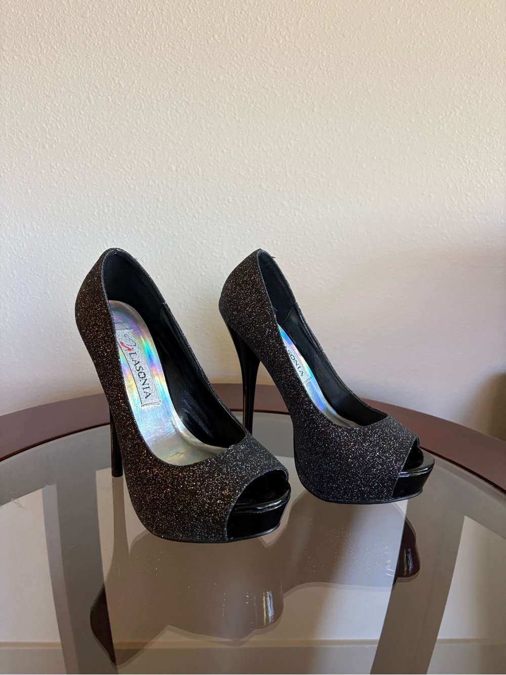 Black Glitter Peep-Toe Platform Pumps